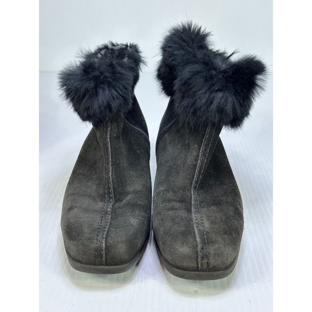 La Canadienne Black Suede Faux Fur Ankle Boots 12588 Wedge Made in Canada 6.5
